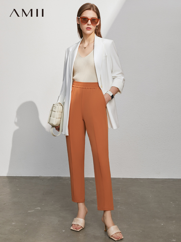 复制Amii Minimalism Summer Women's Pants Causal Solid Elastic Waist Straight Female Trouser Offical Lady Women's Suit Pants 12130229