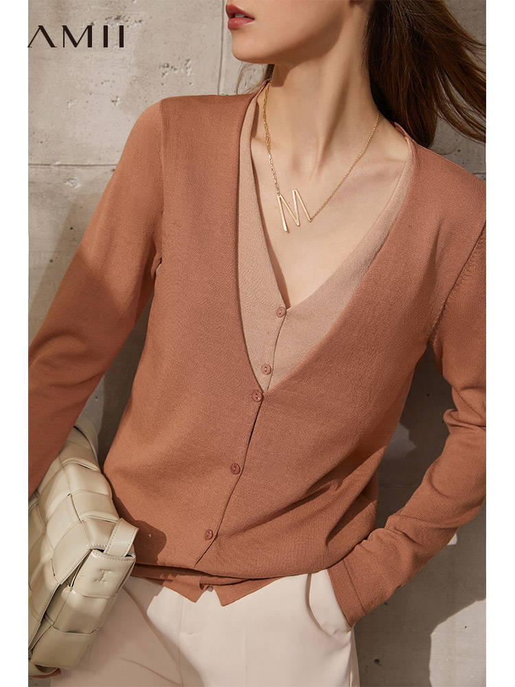 different price Amii Minimalism Spring New Cardigan For Women Fashion Vneck Patchwork Single Breasted Women's Sweaters Tops 12140131