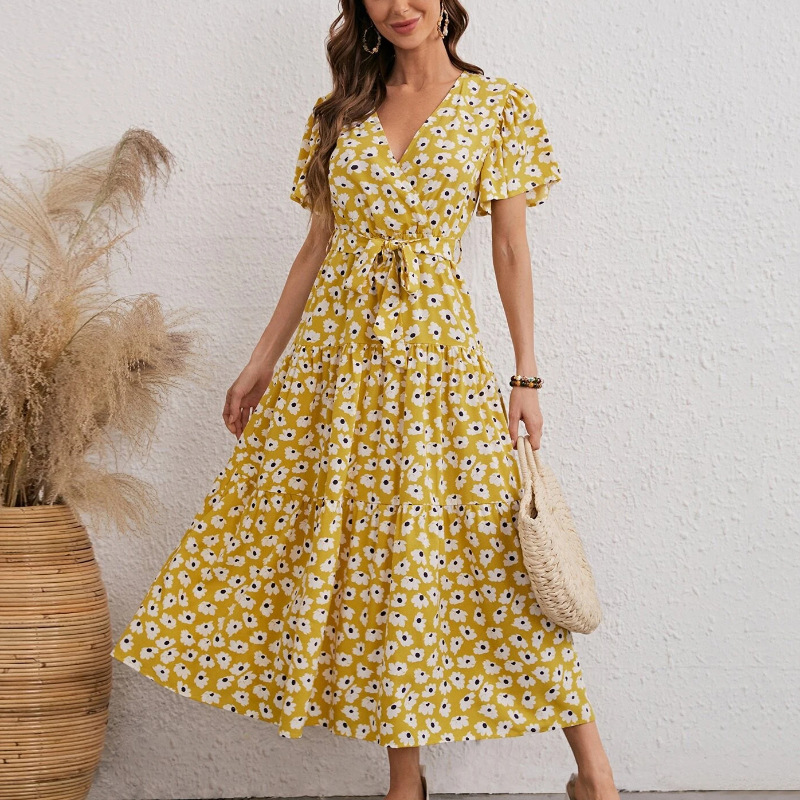 Summer Casual Floral Printed Long Maxi Dress Women Butterfly Short Sleeve Dress Female A Line Dresses With Sashes
