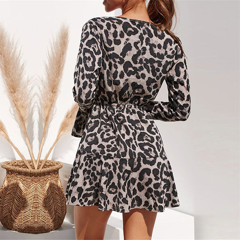 2021 Summer Chiffon Dress Women Leopard Print Boho Beach Dresses Casual Ruffle Long Sleeve A-line Mini Party Dress Vestidos