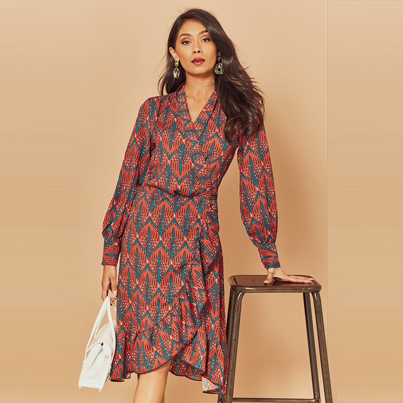 2020 New Women Print Ruffle Dress Spring Autumn Lantern Long Sleeve V Neck Midi Dresses Causal Sashes Ladies Irregular Hem Dress