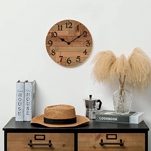 NIKKY HOME Rustic Farmhouse Solid Wood Wall Clock - 12 Inch Battery Operated Silent Non Ticking Distressed Wooden Shiplap Clock for Kitchen, Living Room, Bedroom, Office