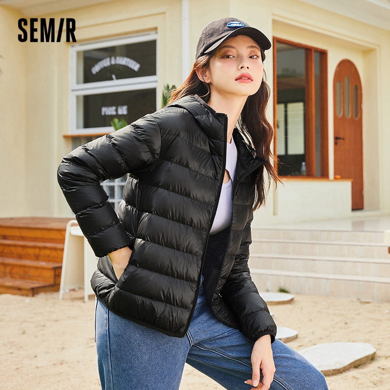 目目 one dan SEMIR Down Jacket Women Light And Thin Hooded Windproof 2021 Winter New Black Technology Three-Proof Solid Jacket Fashion