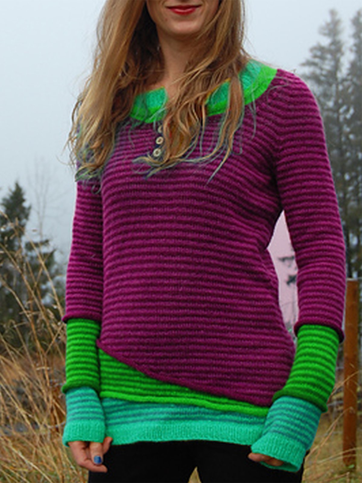 Striped Paneled Casual Crew Neck Women's Sweaters