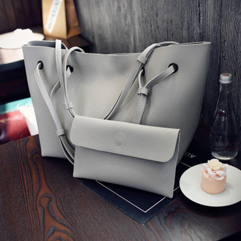 Women 2PCS High Capacity  PU Shoulder Bag with Mini Clutch Purse