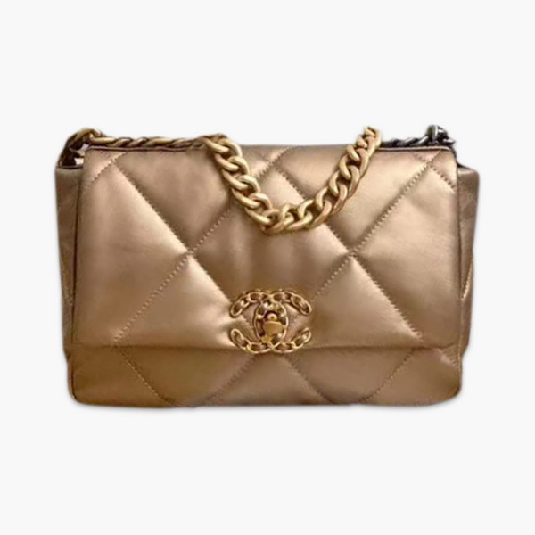 【原版皮】香奈儿/Chanel 19 Bag系列口盖包，采用轻盈绵柔质感山羊皮结合大菱格设计元素，链条拼接古金，古银，亮银，款号：AS1160