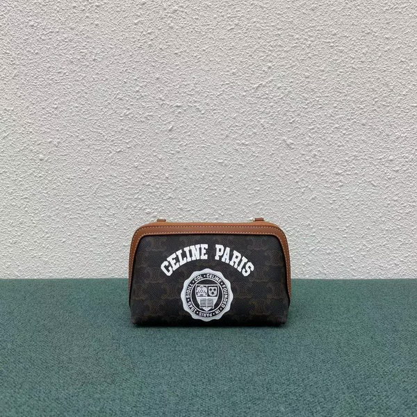 【原版皮】赛琳/Celine 老花系链条包，TRIOMPHE帆布混搭羊皮，整个包以凯旋门标志为主，包边以棕色为主围绕开口，焦糖棕色搭配老花添加了复古元素，款号：100382