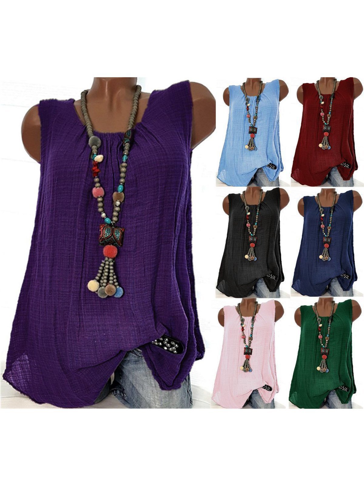 Women  Linen Causal Tops Round Neck Solid  Sleeveless Tanks