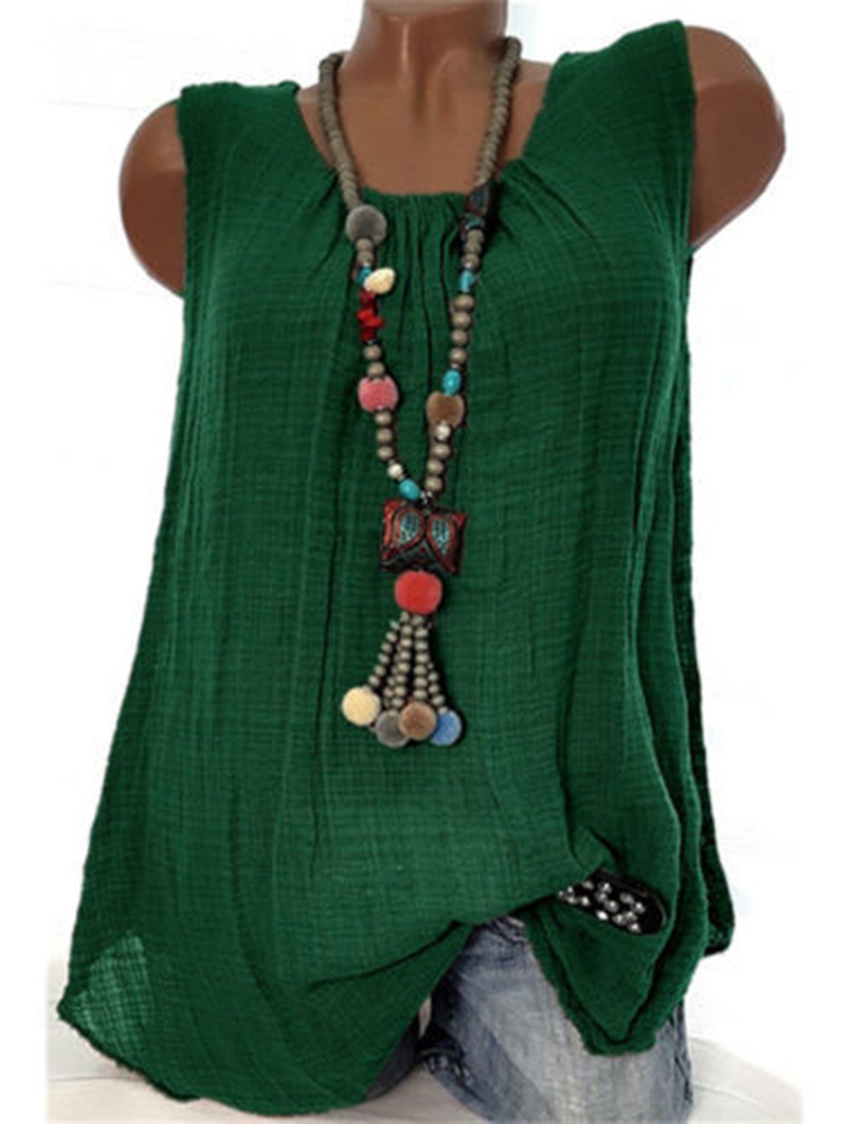 Women  Linen Causal Tops Round Neck Solid  Sleeveless Tanks