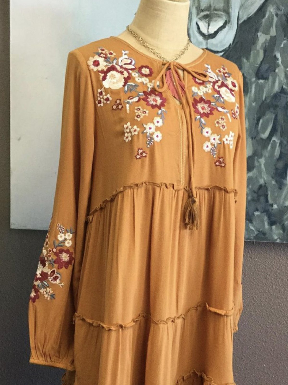 Boho Romantic Crew Neck Sweet Floral-Print Long Sleeve Dresses