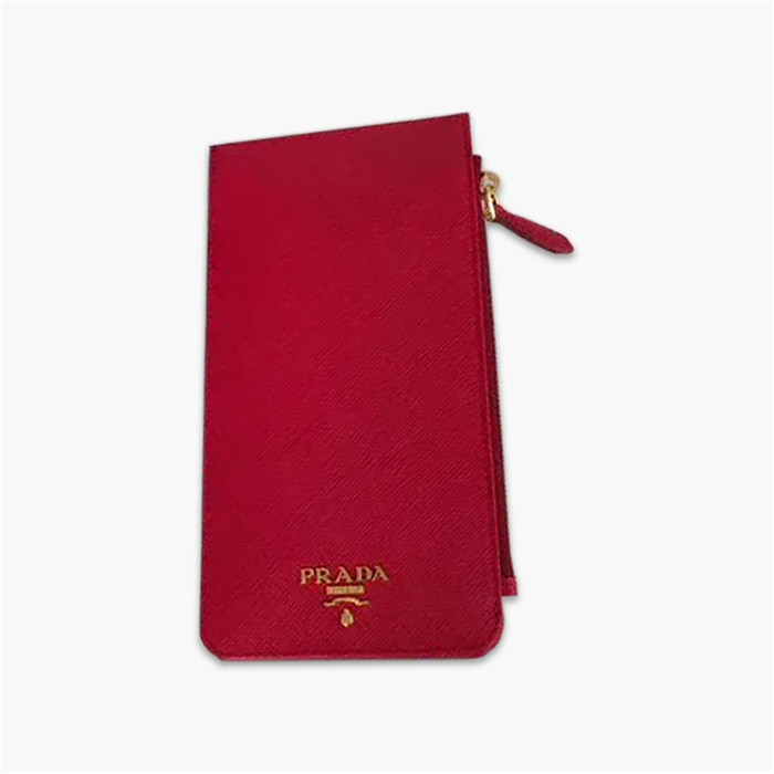【原版皮】普拉达/Prada 卡包，男女通用款，选用十字纹牛皮裁制而成，点缀金色散字唛徽标，超大容量