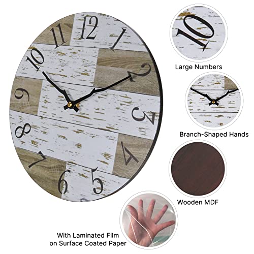 WONZOM 12 Inch Farmhouse Wooden Wall Clock Round Battery Operated Silent Country Rustic Style Decorative for Living Room Kitchen Home Bathroom Bedroom