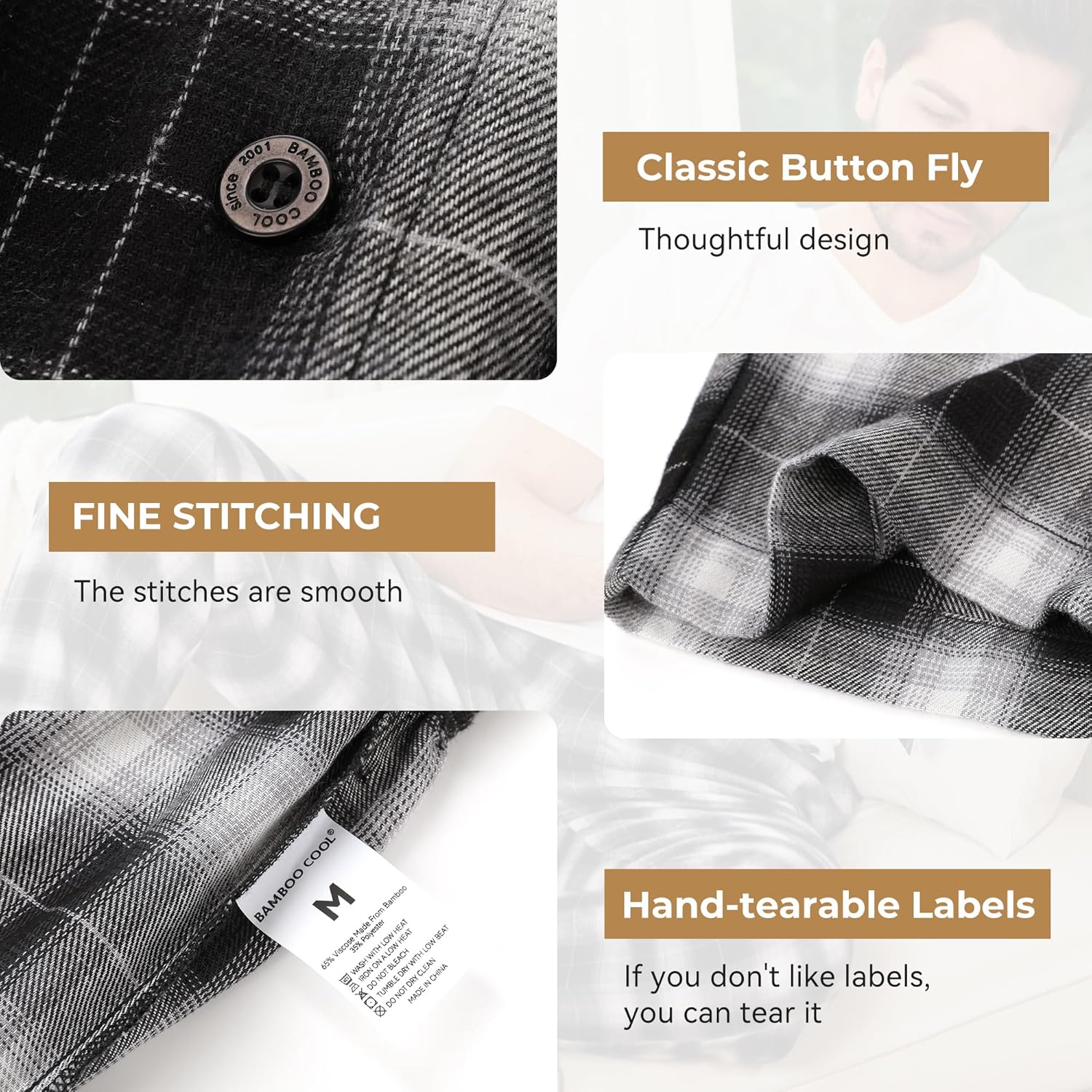 BAMBOO COOL Men's Pajama Bottoms Plaid Pajamas Pants for Men Soft Long Lounge Woven Pj Sleep Pant with Pockets